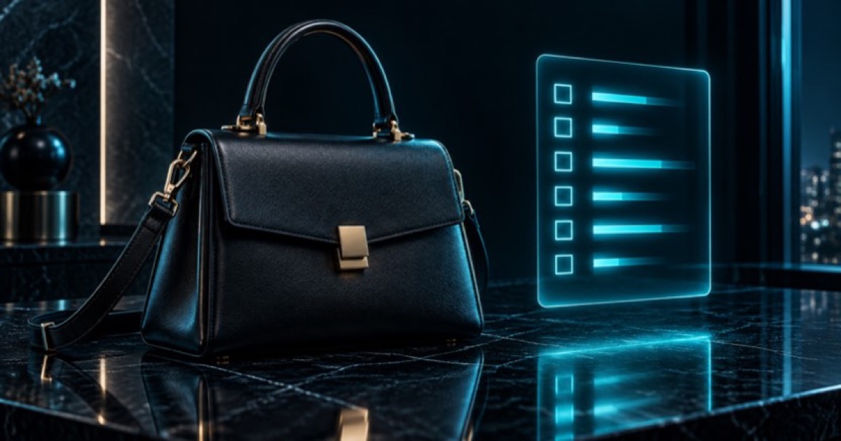 A luxury handbag on a dark obsidian counter beside a floating cyan holographic checklist of abstract glowing shapes, cinematic tech-noir lighting