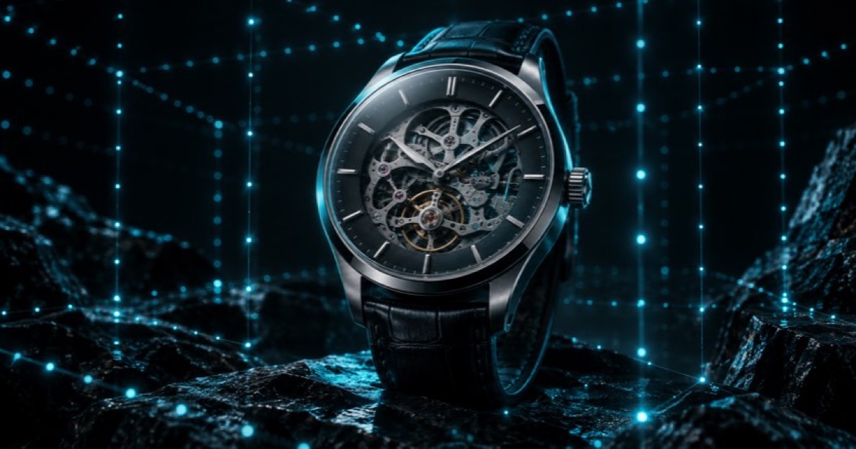 A luxury mechanical watch surrounded by a grid of tiny glowing cyan scanning points on a dark obsidian background, cinematic tech-noir lighting