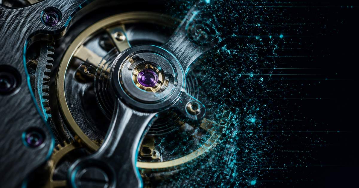 Macro view of a mechanical luxury watch movement dissolving into glowing cyan particles on a dark obsidian background