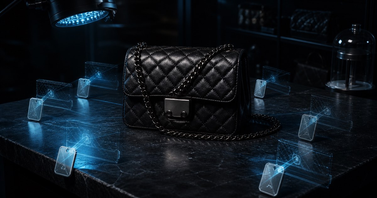 A generic black quilted luxury handbag surrounded by duplicate translucent identity tags under cyan inspection light