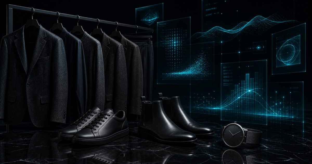 Luxury garments and a watch on a dark obsidian surface under a glowing cyan data overlay suggesting a public disclosure report, tech-noir editorial illustration