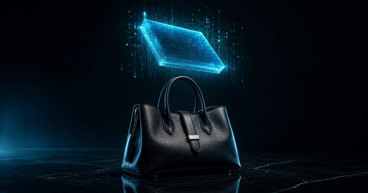 Luxury handbag under a cyan holographic digital product passport made of glowing data layers, on a dark obsidian background