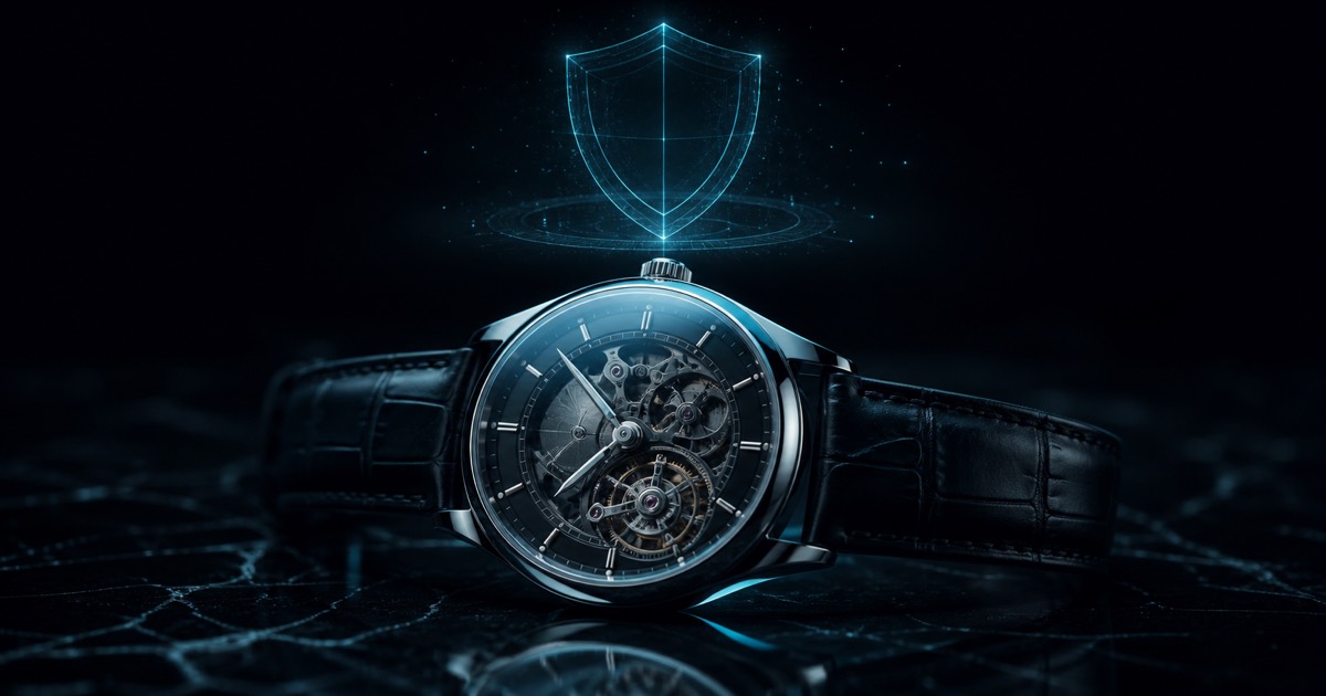 A mechanical luxury watch on a dark obsidian surface with a translucent cyan holographic verification shield hovering above it, tech-noir editorial illustration