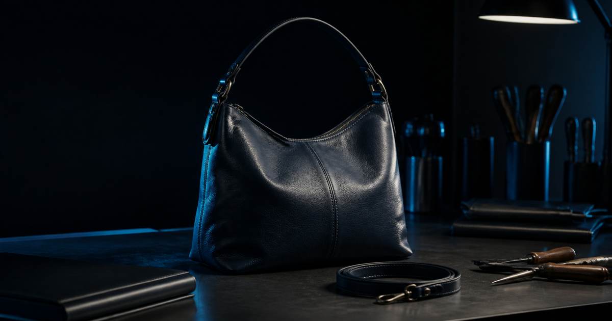 An unbranded navy leather bag on a workshop bench beside a removed strap, leather tools and a closed folder