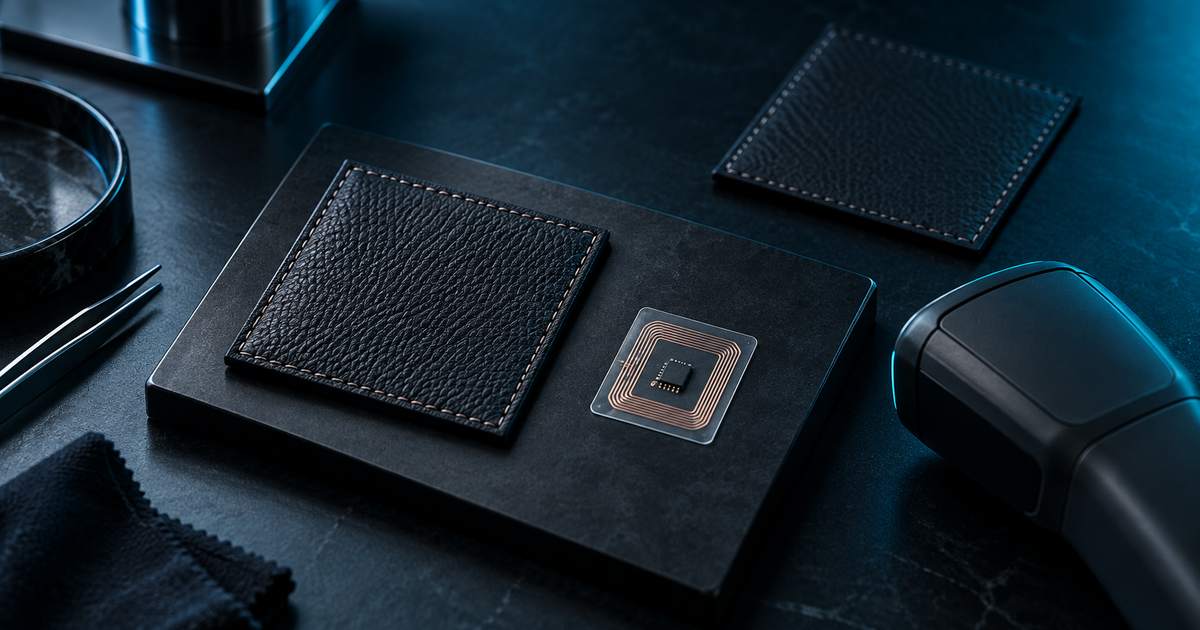 Conceptual comparison bench with leather samples, a separate NFC inlay and an unbranded reader under cyan light