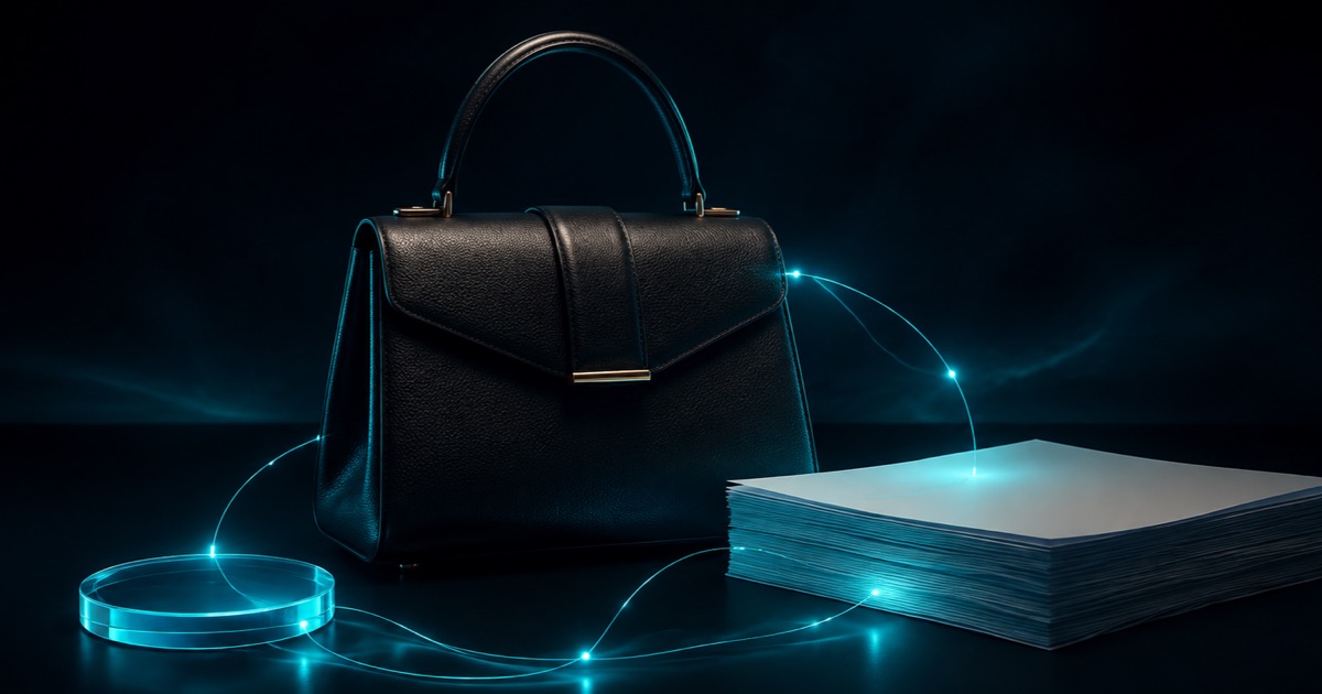 An unbranded luxury handbag, blank documents and a glass token connected by cyan light on an obsidian background