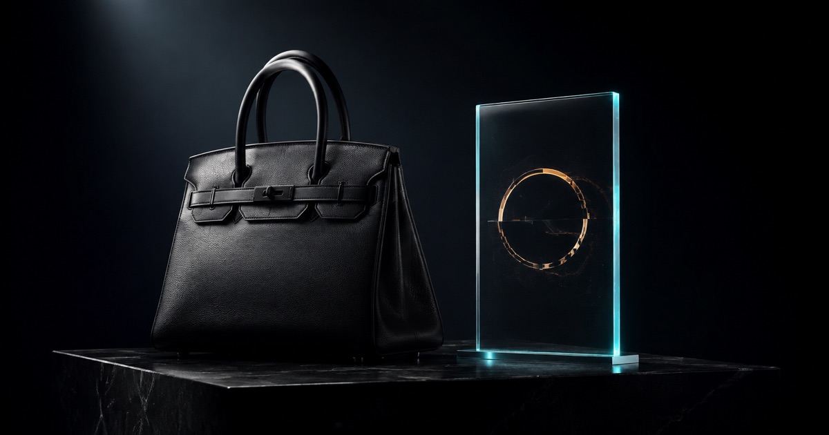 An intact black leather handbag beside a separate glass certificate with an interrupted amber ring and cyan edges