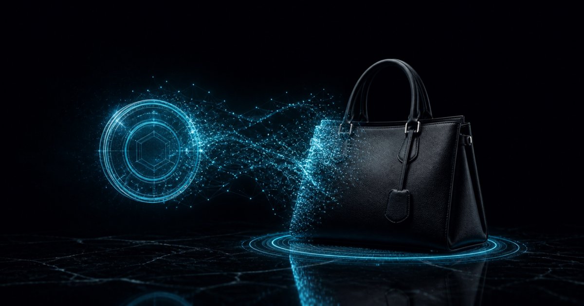 A black leather luxury handbag on a dark obsidian surface, a translucent cyan holographic coin dissolving into luminous particles that flow toward the bag, tech-noir editorial illustration