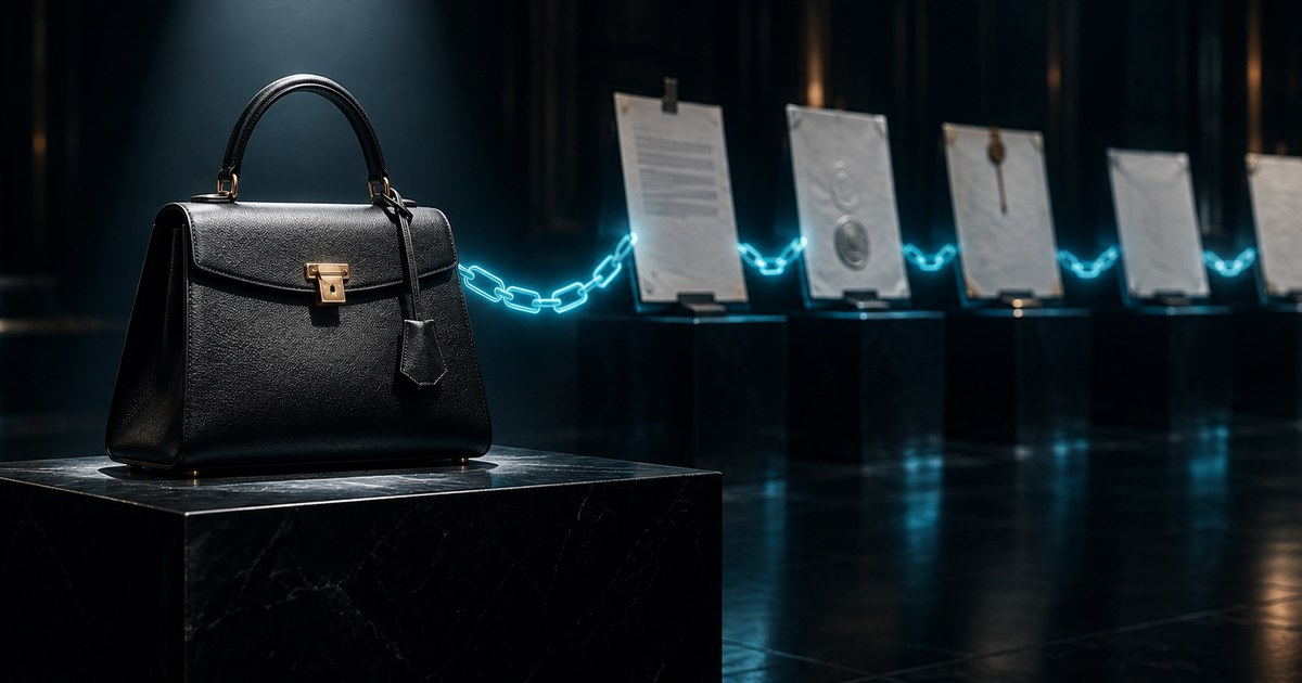 A luxury handbag under a spotlight on a dark obsidian auction podium, with a faint cyan chain of light linking it to a row of documents behind it.