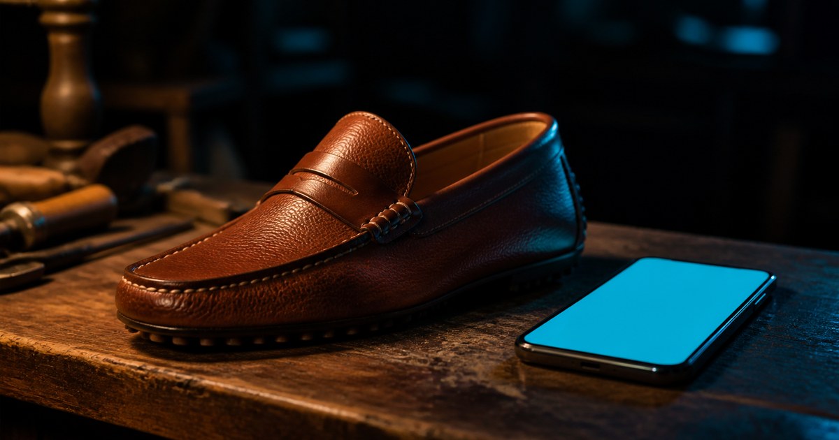 A handcrafted leather driving loafer on a craftsman's workbench beside a smartphone with a glowing cyan screen, in a dim luxury atelier