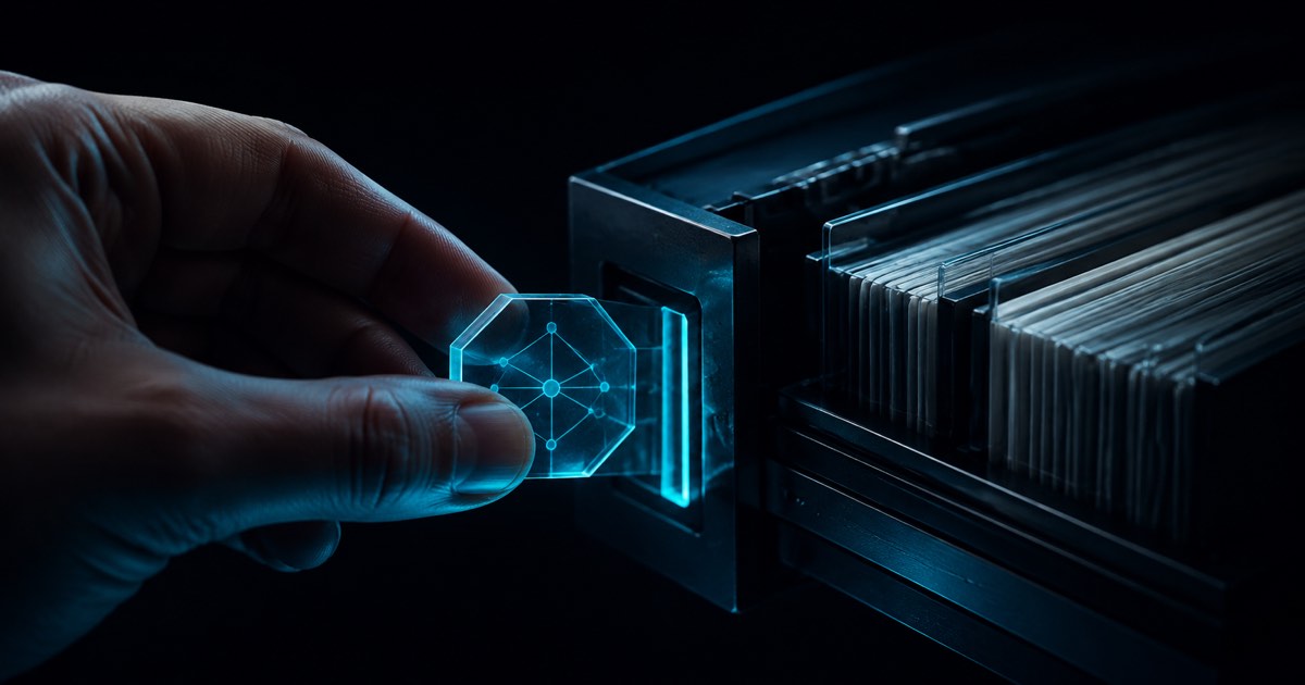 A hand aligns a transparent cyan token with a separate archive mechanism on an obsidian background.